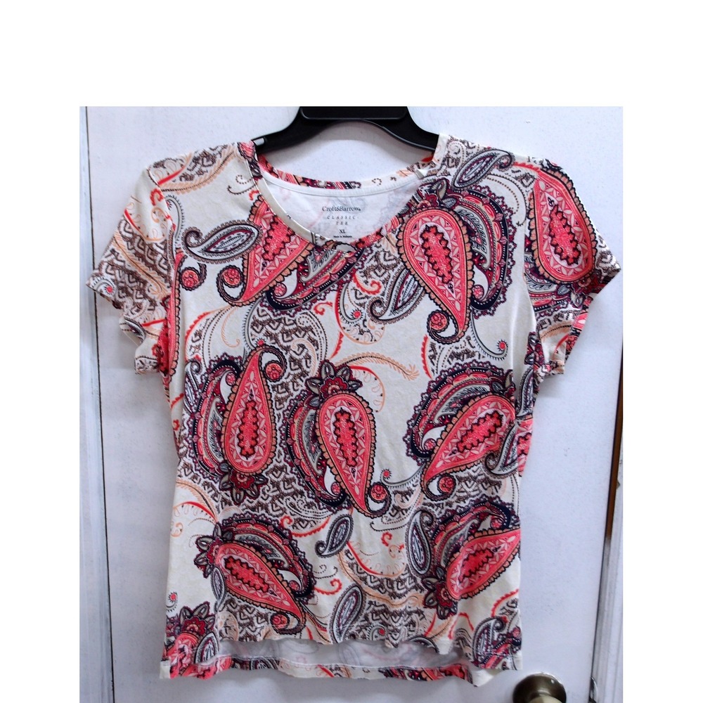 Croft & Barrow Classic Tee Womens XL‎ Paisley V-Neck Coral/Black Top / #26384